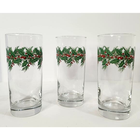 Vintage Holiday Holly Berry Highball Glasses Set 3 Christmas Evergreen Tumblers - Picture 1 of 7
